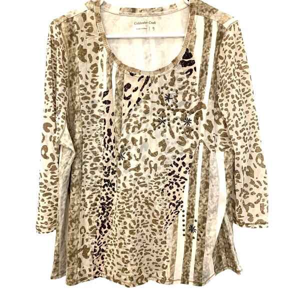 Coldwater Creek Animal Print Top XL Womens Beaded Stretch Chiffon Boho Leopard - Picture 1 of 8